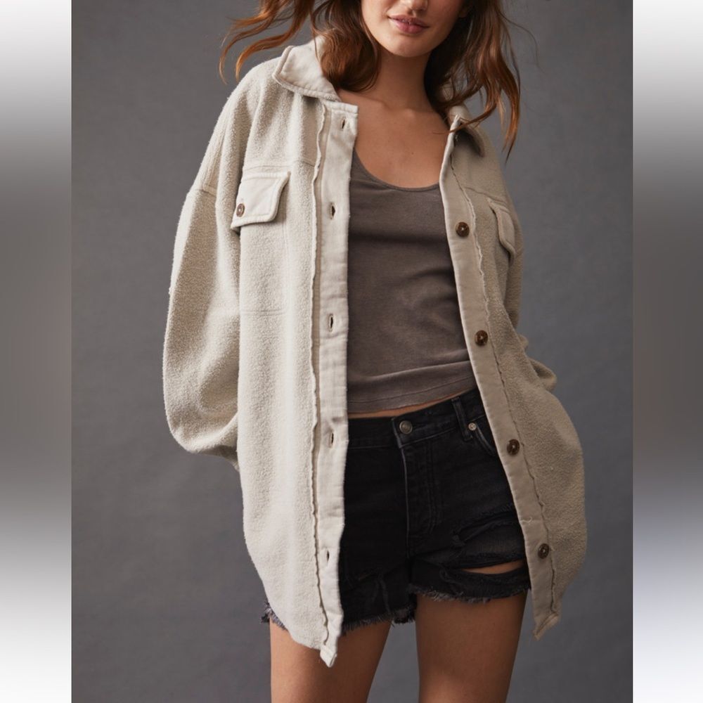 Free People Oversized Ruby Jacket Small Shacket boyfriend gray blue boho beachy